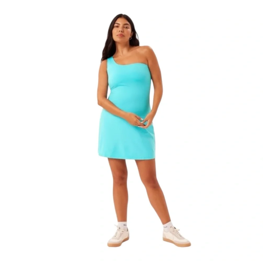 Girlfriend Collective Biocompressive Bianca One Shoulder Dress in Turquoise Sz S